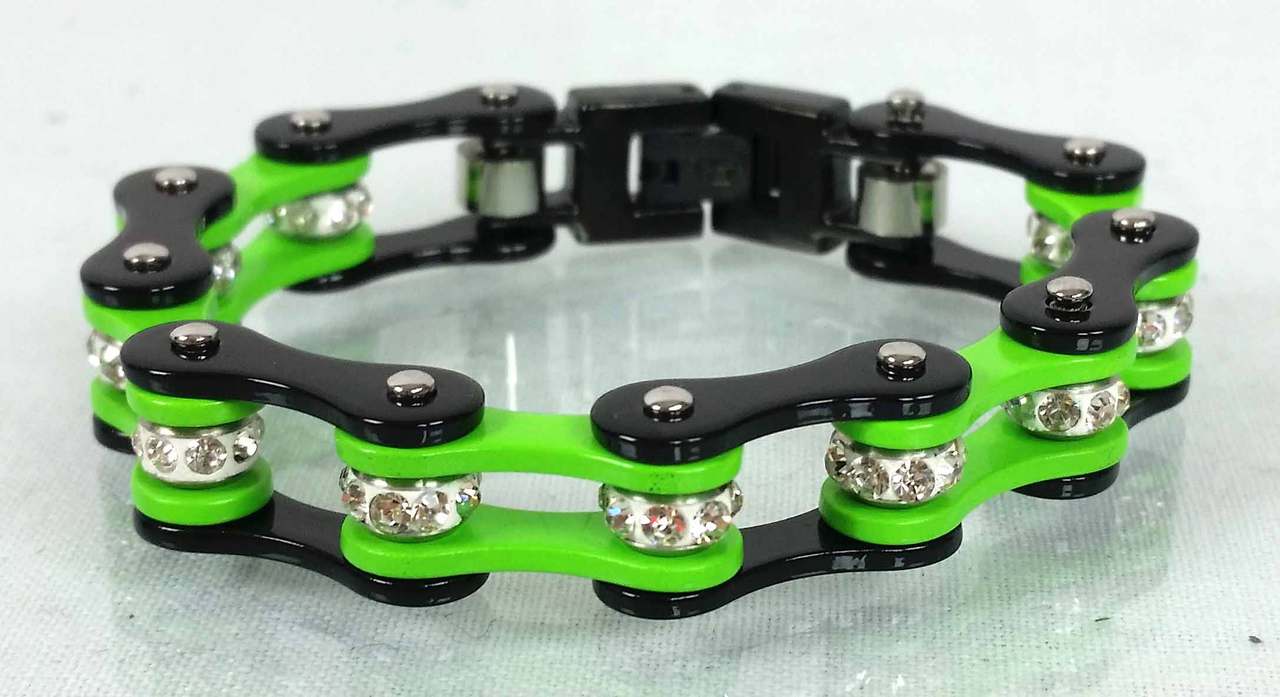 Two Tone Stainless Steel Bracelet, Black/Green W/White Crystal Centers