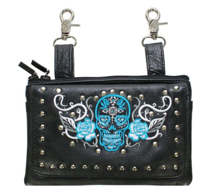 Studded Sugar Skull Leather Belt Bag Turquoise