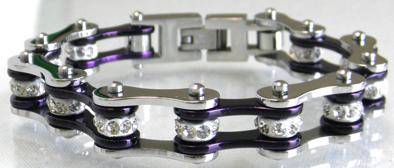 Two Tone Stainless Steel Bracelet, Silver/Candy Purple W/White Crystal Centers