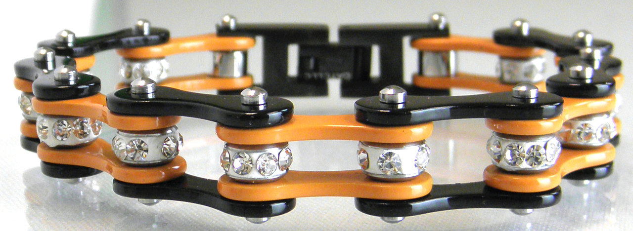 Two Tone Stainless Steel Bracelet, Black/Orange W/White Crystal Centers