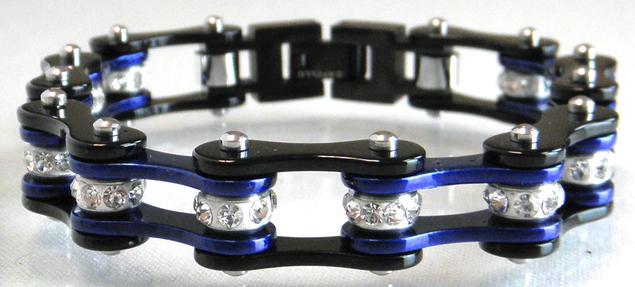 Two Tone Stainless Steel Bracelet, Black/Candy Blue W/White Crystal Centers
