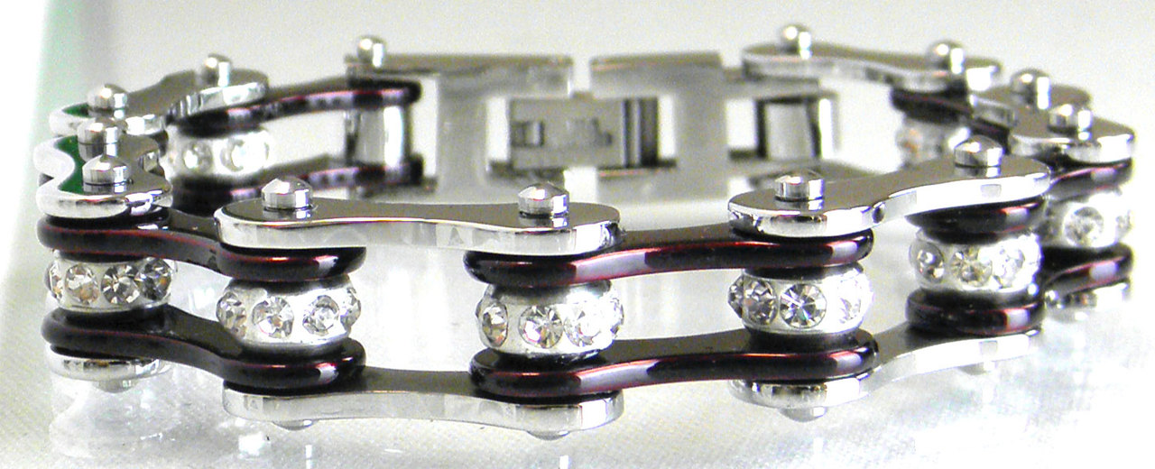 Two Tone Stainless Steel Bracelet, Silver/Candy Red W/White Crystal Centers
