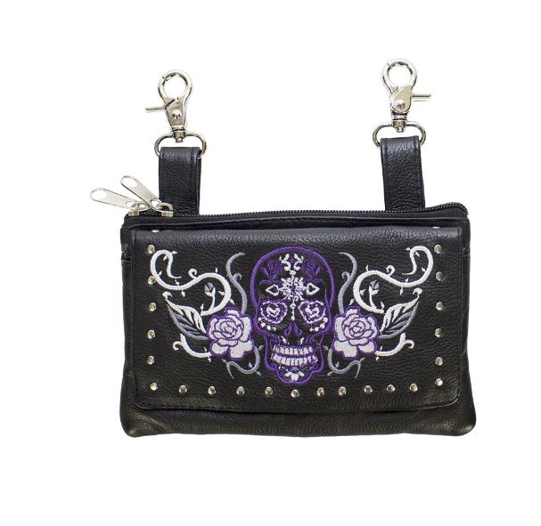 Studded Sugar Skull Leather Belt Bag Red