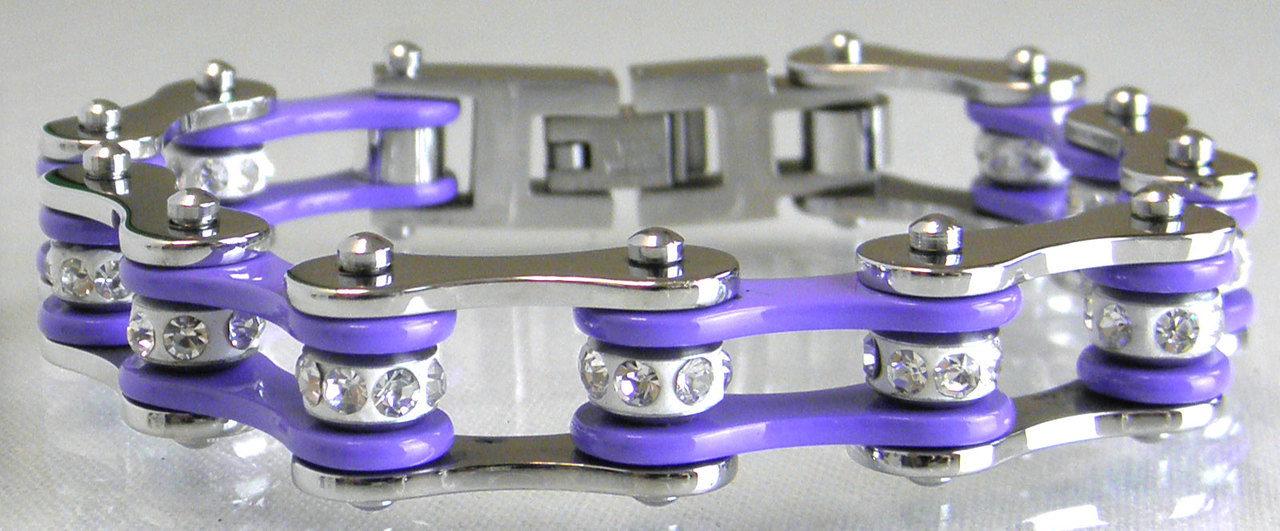 Two Tone Stainless Steel Bracelet, Silver/Purple W/White Crystal Centers