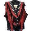 Ladies Black and Red Fringe Leather Vest - inside