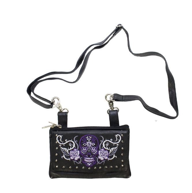 Studded Purple Sugar Skull Leather Belt Bag