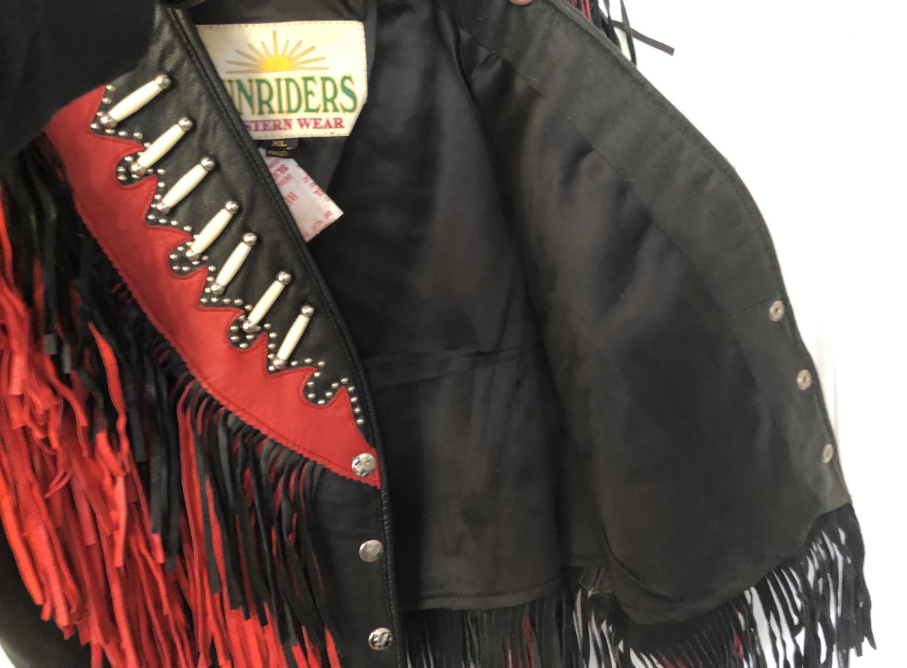 Ladies Black and Red Fringe Leather Vest - inside