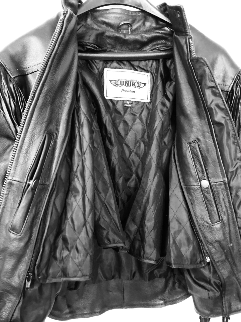 Ladies Premium Fringe Leather Jacket - Black - "Be Fringed" - Inside
