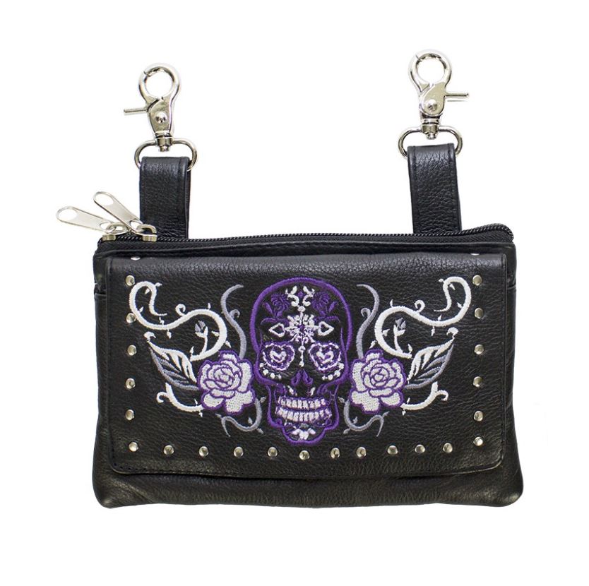 Studded Purple Sugar Skull Leather Belt Bag